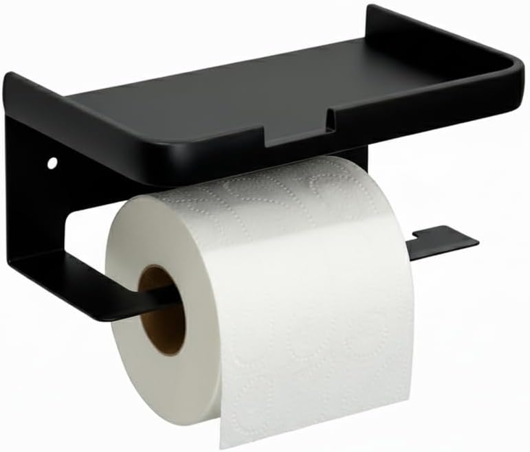 Toilet Paper Holder with Phone Shelf,Multifunctional Stainless Steel Self Adhesive Toilet Roll Holder Wall Mount,No Drilling Toilet Tissue Holder for Bathroom Kitchen Washroom RV(Matte Black)