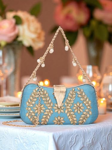 Image of TOOBA Handicraft Clutch Purse For Women with Sleek Design Embroidered Leaf Clutch| Trendy Stylish Bridal, Party, Wedding Sling Bag