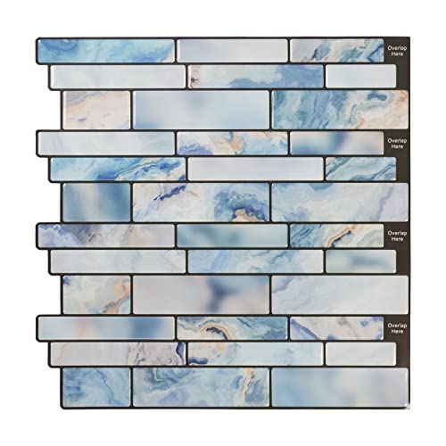 Azulejos autoadhesivos de mármol azul lavables contra salpicaduras de baño 2