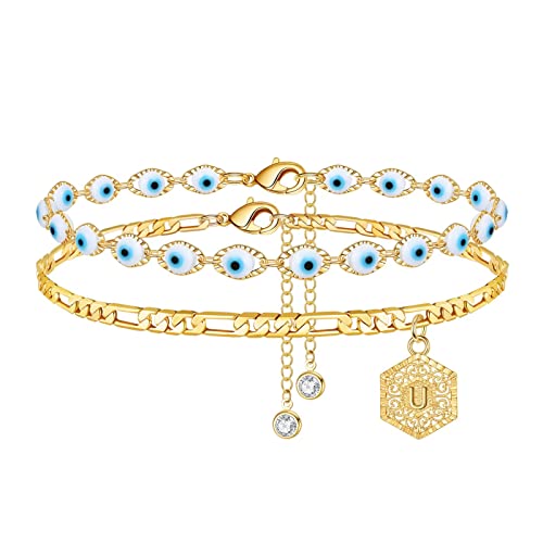 Ankle Bracelets for Women, Evil Eye Anklet 14K Gold Plated Anklet Layered Anklet Bracelets for Women Teen Girls Gold Anklet Letter U Initial Ankle Bracelets for Women Jewelry Gifts Ankle Bracelets