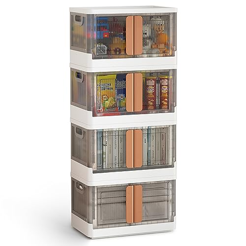 Carastek Cajas Almacenaje, Contenedores de Almacenamiento con Tapas, Juego de 4 Grandes 32L Cajas Almacenaje Plastico con Ruedas y Puerta, Transparente Caja Plegable para Ropa/Juguetes/Camping
