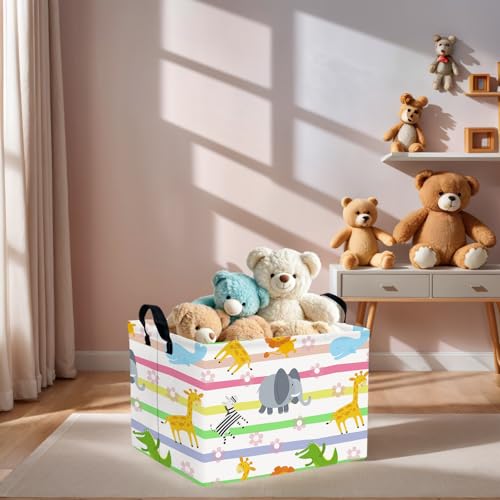 Image of Cute Rectangle Woodland Animal Baby Girl Basket Nursery Playroom Bedroom Decor Clothes Toy Storage Basket Linen Canvas Colorful Animals