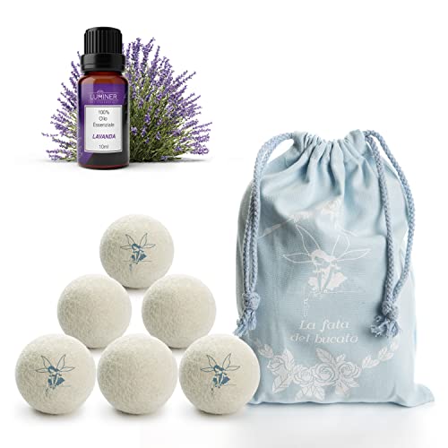 LUMINER Lot de 6 boules de séchage dans laine pour sèche-linge, sans plis, attrape-cheveux avec huile essentielle de lavande, boules de séchage en laine avec parfum de lessive
