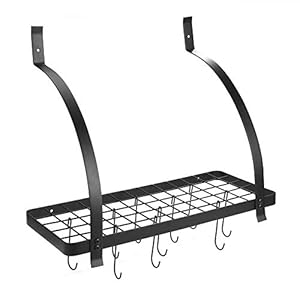 Hangend pannenrek – aan de muur gemonteerd zwart metalen hangend pannenrek met 10 haken keukenopberger