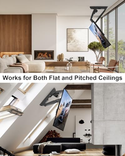Image of Electric Ceiling TV Mount with Remote for 23-55 inch Flat Curved Screen TVs, Motorized Flip Down Ceiling Mount for Flat and Pitched Roof Indoor Outdoor, Drop Down VESA Mount Bracket, Black