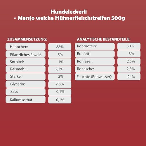MERSJO Hundeleckerli - 88% Hoher Fleischanteil, Keine Zusatzstoffe, Getreide- und Zuckerfrei, Leckereien für Hunde zur täglichen Ergänzung, Natürliche Kauhilfe, Weiche Hühnerstreifen, 500g