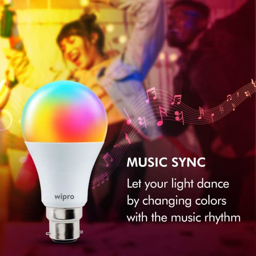 wipro 9-Watt B22 WiFi Smart LED Bulb with Music Sync (16 Million Colours + Warm White/Neutral White/White) (Compatible with Amazon Alexa and Google Assistant), Standard (NS9400)(Pack of 1) view 2