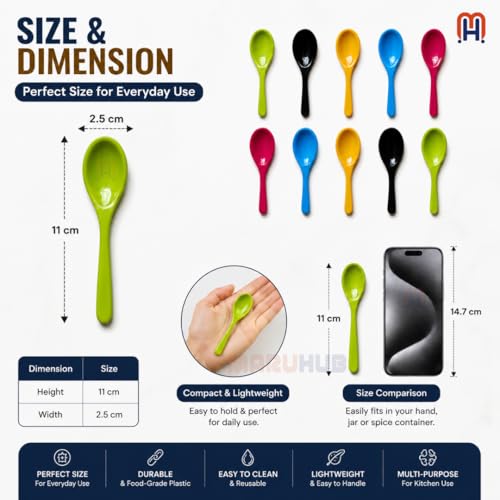 Image of MaruHub 10Pcs Plastic Spoons for Masala Jar, Multicolor Reusable Kitchen Spice Condiment Scoops, Small Baby Food & Candy Spoon Set, Non-Toxic BPA-Free Spoons for Home & Cooking (11 x 2.5 cm)