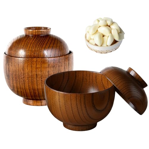 Lawnrden Cuencos de Sopa de Miso, 2 uds., Cuencos de Madera de Textura Natural rústica con Tapas para Comida, arroz, Sopa, té, decoración, cupé