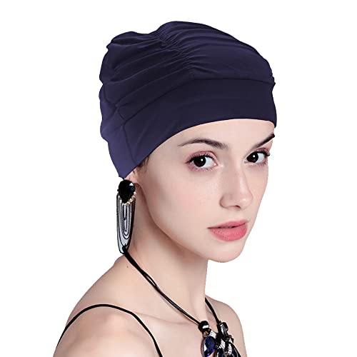 Women Turban Swim Cap, Elastic Bathing Cap Long Short Hair Pleated Turban Swimming Cap Soft Bonnet Beanie Cap (Navy)
