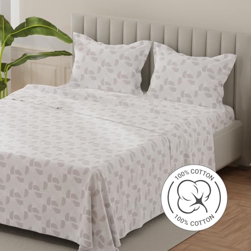 Image of Layers 100% Cotton Bedsheet for King Size Bed | Lumina Floret Collection | 144 TC Soft & Breathable | Printed with 2 Pillow Covers | Wrinkle Free & Colorfast | 3 Piece Bedding Set - Grey & White