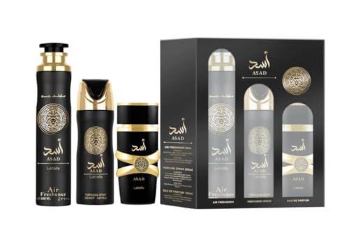 Lattafa Asad 3 Piece Gift Set (3.4 Fl Oz EDP + 6.67 Fl Oz Deo + 10.14 Fl Oz Air Freshener)