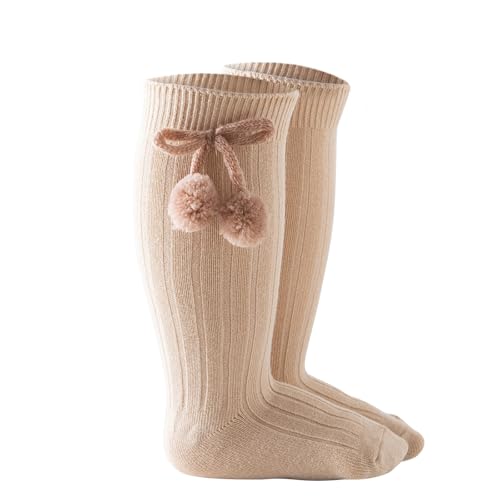 Raopuzi Calcetines Largos Bebe de Algodón Calcetines Altos Bebe de Punto Bebé Elástico Calcetines Hasta la Rodilla para Niña Niño Pequeño, Calcetines Recien Nacido con Pompones Medias Largas Cálidos