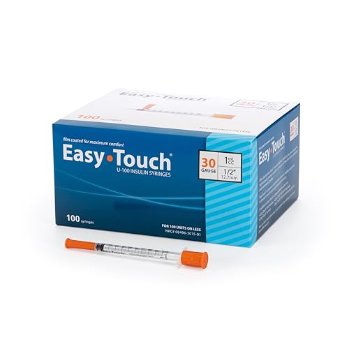 Image of Easy Touch 30 Gauge U-100 Insulin Syringes (30G 1cc 1 /2 inch) with 1 /2 inch Long Needle, 1cc (100 Unit Capacity), Bold Markings for Accurate Dosing, Disposable, Box of 100
