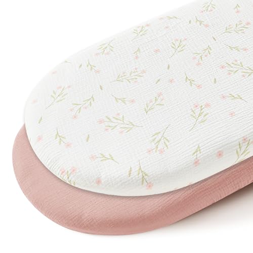 Image of JELLYMONI 2-Pack Muslin Bassinet Sheets for Girls Boys, 100% Cotton Bassinet Mattress Sheets Soft Breathable Universal Fit for Baby Bassinets, Moses Basket, Hourglass Oval and Rectangle Mattress