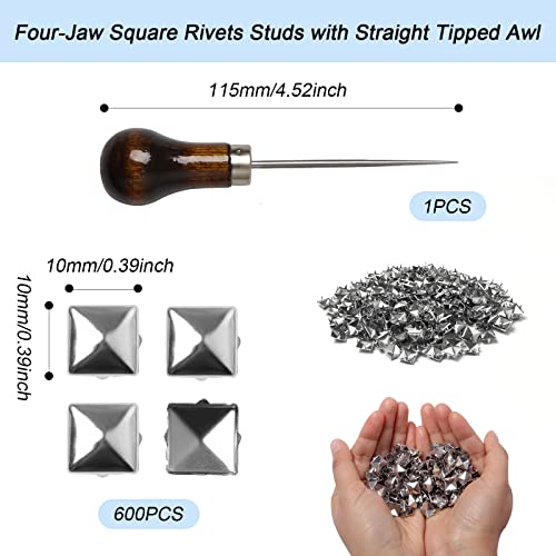 Qoupln 600 Pieces 10Mm Silver Metal Pyramid Studs Four-Jaw Square Rivets Studs Punk Spikes Spots Studs Nailheads Spots Studs With Straight Tipped Scratch Awl For Clothing Bag Leather (Silver) #TOP1