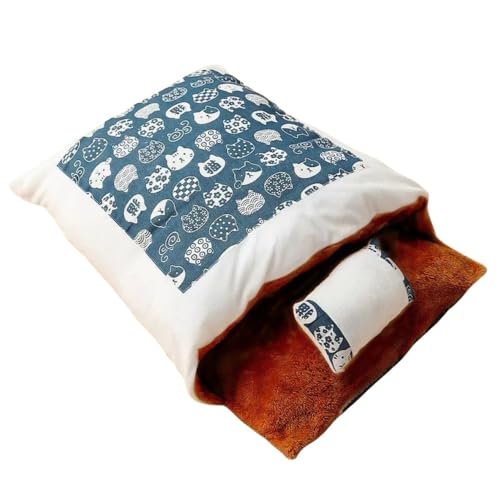 Diexgiy 猫用ベッド 猫用寝袋 犬 猫 ペット用ベッド 冬 防寒 あったか 猫用寝具 ペットマット 猫ハウス クッション 猫ベッド ペット用品 ベッドタイプ 猫用寝具 猫布団 枕付き ふわふわ あったか 布団 (ブルーの和風プラスベルベット,M)