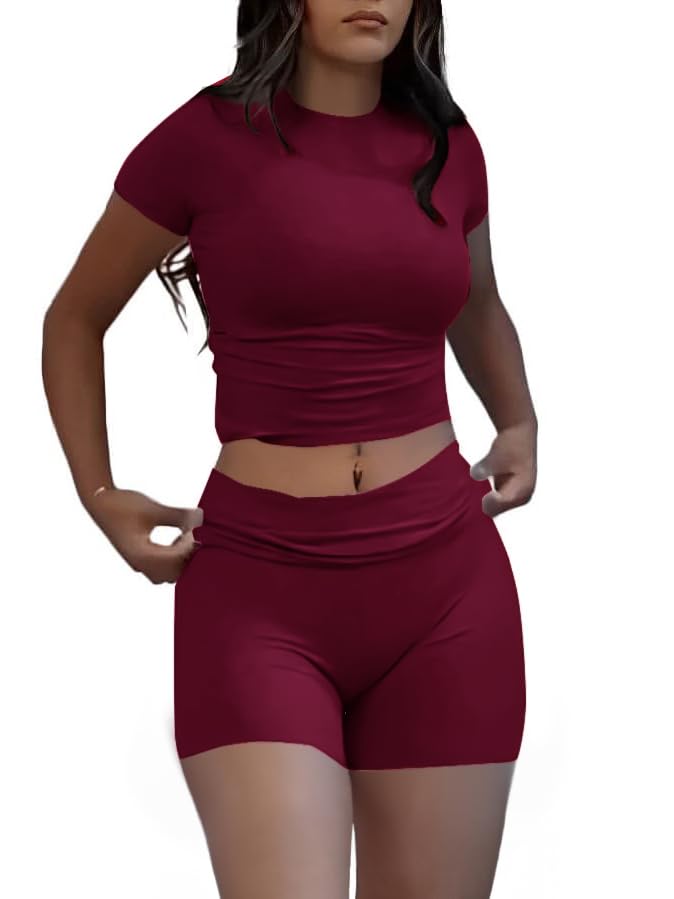 Image of AYWA Women's Two Piece Sets Summer Slim Fitted Short Sleeve Tops Foldover Shorts Matching Lounge Sets