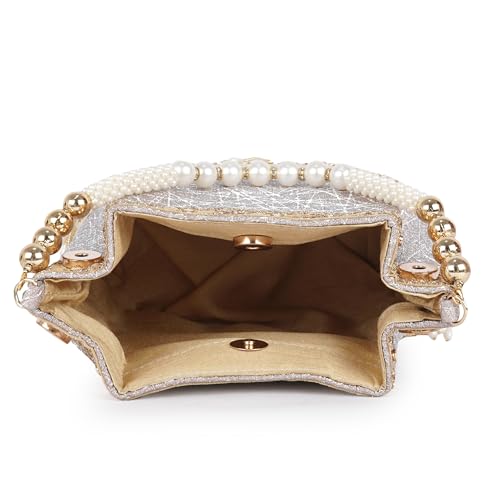 Image of Nevis PU Silk Fabric Women's Embellished Potli Bag with Pearl Handle & Fringe Detailing | Designe Wedding & Festive Handbag
