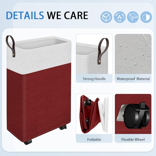 HomeHacks 50L Rolling Laundry Basket with Wheels, Collapsible & Waterproof Laundry Hamper, Mobile Clothes Hamper, Storage Laundry Bins with Handles for Laundry Room, Bedroom, Bathroom & Dorm, Red - Thumbnail 3