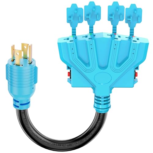 CircleCord 4 Prong 30 Amp to 15 Amp Generator Distribution Adapter with Overload Protector, NEMA L14-30P Male to 4X 5-15R/5-20R T-Blade Female, 10 Gauge 125/250V 7500W