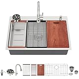 Logmey 33x22 Drop in Kitchen Sink and Pull-out Faucet Soap dispenser 33 Inch Workstation Stainless Steel Sinks 16 Guage 304 Single Bowl 9'' Deep Sinks with Cup Washer 33x22x9 LMTS33229A1-F-HM