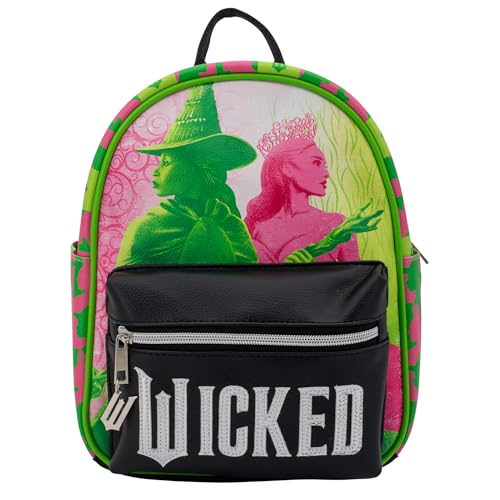 AI ACCESSORY INNOVATIONS Mochila Wicked, Elphaba & Glinda Mini Cosplay PU, bolsa de ombro com pingente de metal preenchido com epóxi, 26 cm, couro sintético, Azul/Preto/Amarelo, Small, Mini mochila PU