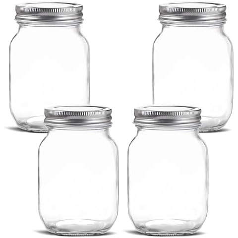 Glass Regular Mouth Mason Jars, 16 oz Clear Glass Jars with Silver Metal Lids for Sealing, Canning Jars for Food Storage, Overnight Oats, Dry Food, Snacks, Candies, DIY Projects (4 PACK) Cover