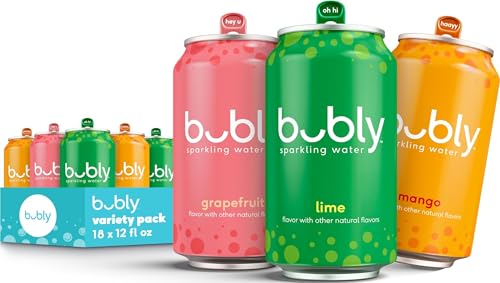 Image of bubly Sparkling Water, Tropical Thrill 3 Flavor Variety Pack (Lime, Grapefruit, Mango), Zero Sugar & Zero Calories, Seltzer Water, 12 Fl oz Cans (Pack of 18) | Lime, Grapefruit, Mango, Zero Sugar, Zero Calories, Seltzer Water