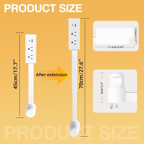 El extensor de toma de corriente cuenta con USB-A, USB-C y 2 tomas de corriente alterna para espacios de difícil acceso, se extiende de 22 a 27 pulgadas, gira 180°. Úsalo detrás de sofás, mesitas de - Vista 3