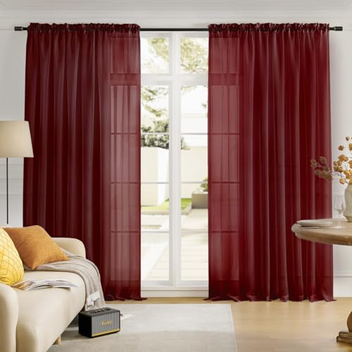 Image of Sheer Curtains Burgundy 95 Inches Long, Window Treatments Rod Pocket Drapes for Living Room, Bedroom, Semi Crinkle Extra Wide Curtains for Yard, Patio, Villa, Parlor, 108 inchW x 95 inchL, 2 Panels