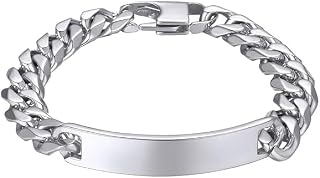 Minprice Men's Stainless Steel Bracelet - Engravable Blank Nameplate with Classic Heavy Thick Cuban Curb Chain, ID Tag Wri... Price In India