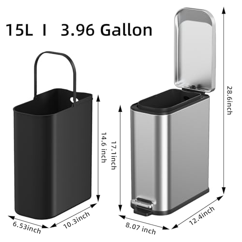 Image of KdbK Bathroom Trash Can with Soft Close Lid, 15L / 4 GallonRectangular Trash Can with Removable Wastebasket, Step Pedal, Slim Wastebasket for Bedroom, Home Office,Silver