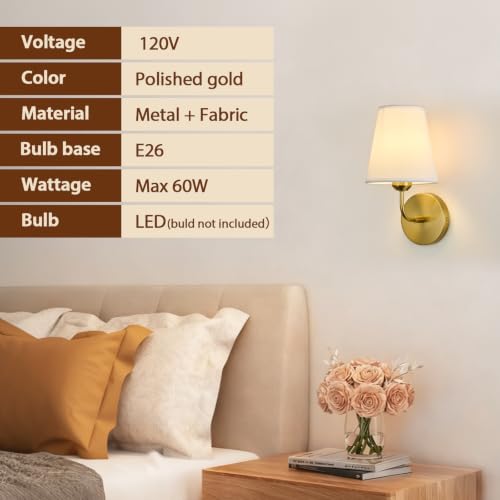 Image of Hardwired Wall Sconces Set of 2,Gold Finish with White Fabric Shades,Small Indoor Wall Decor Lamp for Living Room Bedroom Bathroom