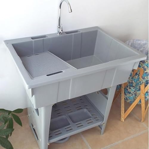 Fregadero De Plástico Independiente, Tina De Fregadero De Utilidad Portátil con Tabla De Lavar y Grifo Frío, para Uso Interior/Exterior en Lavandería, 80 * 56 * 81cm(Gray)