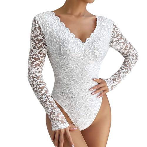 Combinaison élégante en dentelle grande taille manches longues vêtement transparent femme