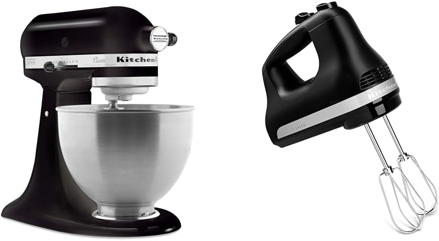 KitchenAid Classic Series 4.5 Quart Tilt-Head Stand Mixer K45SS, Onyx Black & 5 Ultra Power Speed Hand Mixer - KHM512, Matte Black