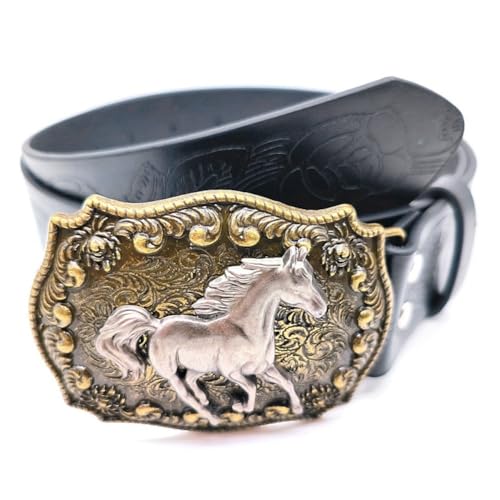Cowboy Buckle Belt Western Leather Horse Head Buckle Peony Pattern Belt for Men Women Engraved Floral Horse Belt for3