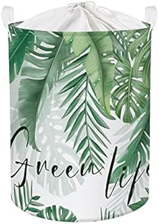 Clastyle 45L Tropical Palm Leaf Large Green Washing Basket Waterproof Folding Round Large Laundry Hamper