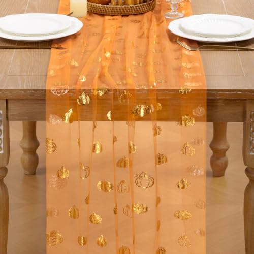 Image of Fall Pumpkin Table Runner Orange Sheer Gauze Foil Table Runner, 6PC