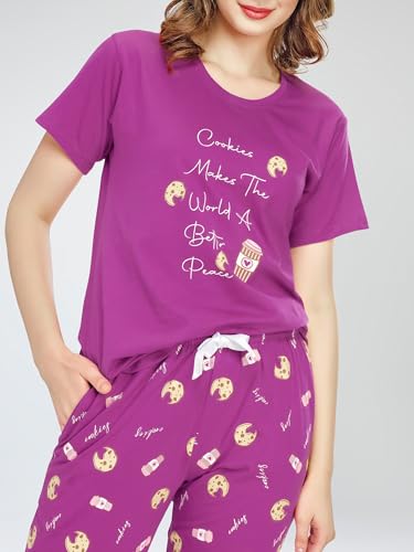 Image of ZEYO Night Suit for Women's Cookies & Cup Printed Cotton Night Dress of Top and Pajama Set 5772