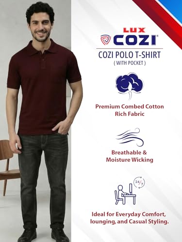 Image of Lux Cozi Men's Polo T-Shirt Regular Fit Half Sleeves with Pocket | Cotton Blend Polo Neck Collar T-Shirt for Men | Casual, Office Comfortable Breathable T-Shirt | Stylish Plain Tee