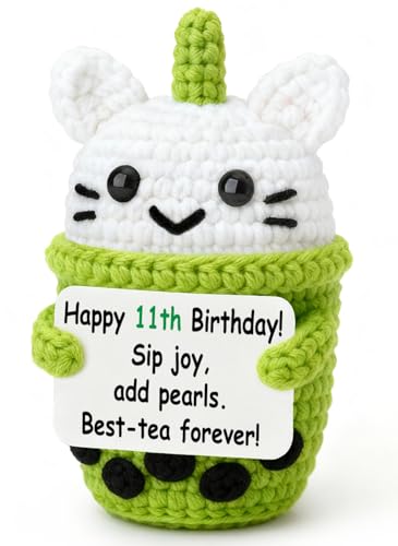 11 Year Old Girl Birthday Gifts – Happy 11th Birthday Ideas Pun Card Handmade Crochet Matcha Boba Tea Plush, 11 YO Teen Girl Party Favor Decoratin, Daughter Granddaughter Niece Bestie Trendy Present