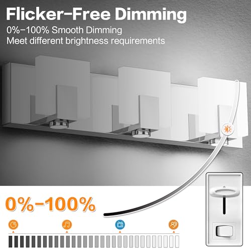 Image of SOLFART Bathroom Lighting Fixtures Over Mirror Chrome 3 Light Bathroom Vanity Light Dimmable LED Lights Stainless Steel Acrylic