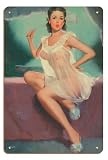 Girl in a Negligée - Vintage Pin Up Girl Print by Peter Darro c.1950s - 8 x 12 inch Vintage Wood Art Sign