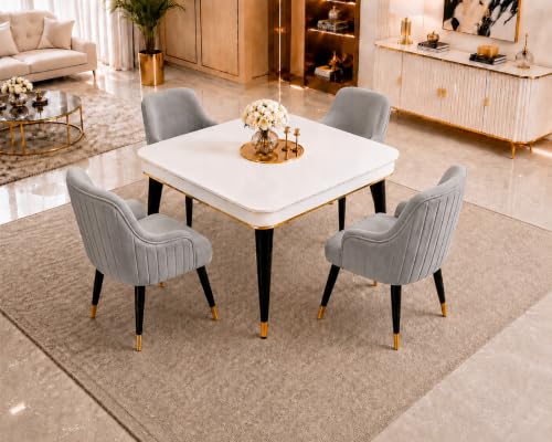 Image of WOODEN SPACE 4 Seater Wooden Dining Table Set | Urban Marble Top Dining Table with Chairs for Dining Room & Kitchen (Modern Zyro Light Grey) (42 x 42 x 30 inch)