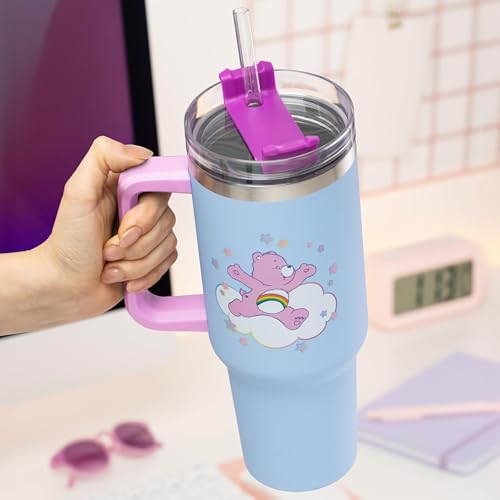 Image of Paladone Care Bears 1.2L Blue Insulated Cup and Straw, Officially Licensed Quencher Bottle with Handle for Water, Iced Tea, Coffee, Cute Pop Culture Collectible for Fans