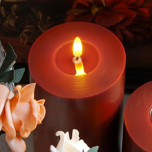 Image of Flameless Flickering 4 inch x6 inch Real Wax Burgundy Remote Candles with Candle Grease, Pack of 2 Timer LED Battery Operated Fake Warm Light Pillar Candles for Home, Banquet, Ceremony Decoration