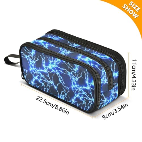 Image of Lightning Blue Pencil Case Big Capacity Handheld 3 Compartments Pencil Pouch Portable Large Storage Canvas Pencil Bag for Boys Girls Adults Students