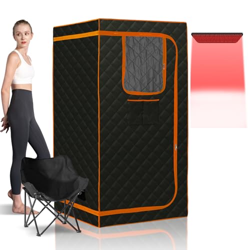 Smartmak Portable Infrared Sauna,1 Person Infrared Sauna Box with 660nm Red Light Therapy, Full Size Sauna Tent for Home, Foot Heating Pad, Folding Chair (Orange-1Person)